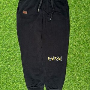 Evisu Black Sweatpants with Tapered Legs and Elastic Cuffs
